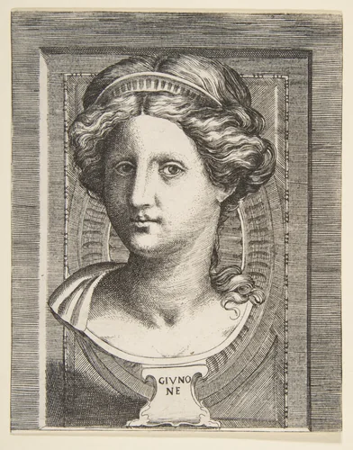 Sculpted head of Juno by Giulio Bonasone, print, 1531-1576