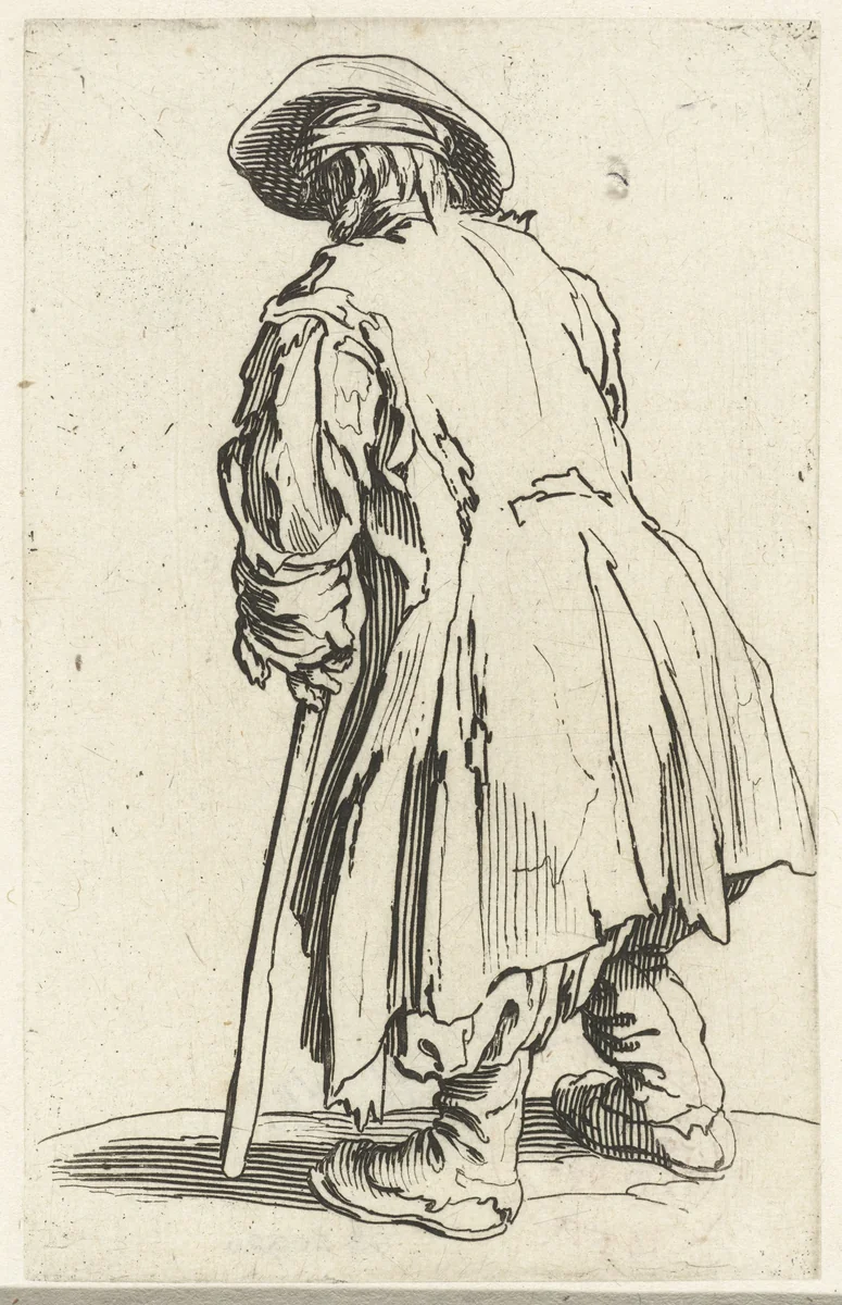 Bedelaar met een stok, op de rug gezien by Jacques Callot, print, 1622-1623