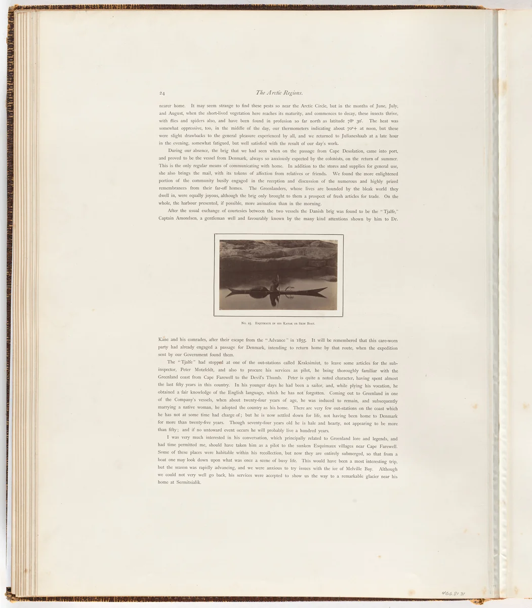 “Esquimaux in his kayak or skin boat” by George P. Critcherson, John L. Dunmore, William Bradford, photograph, 1869