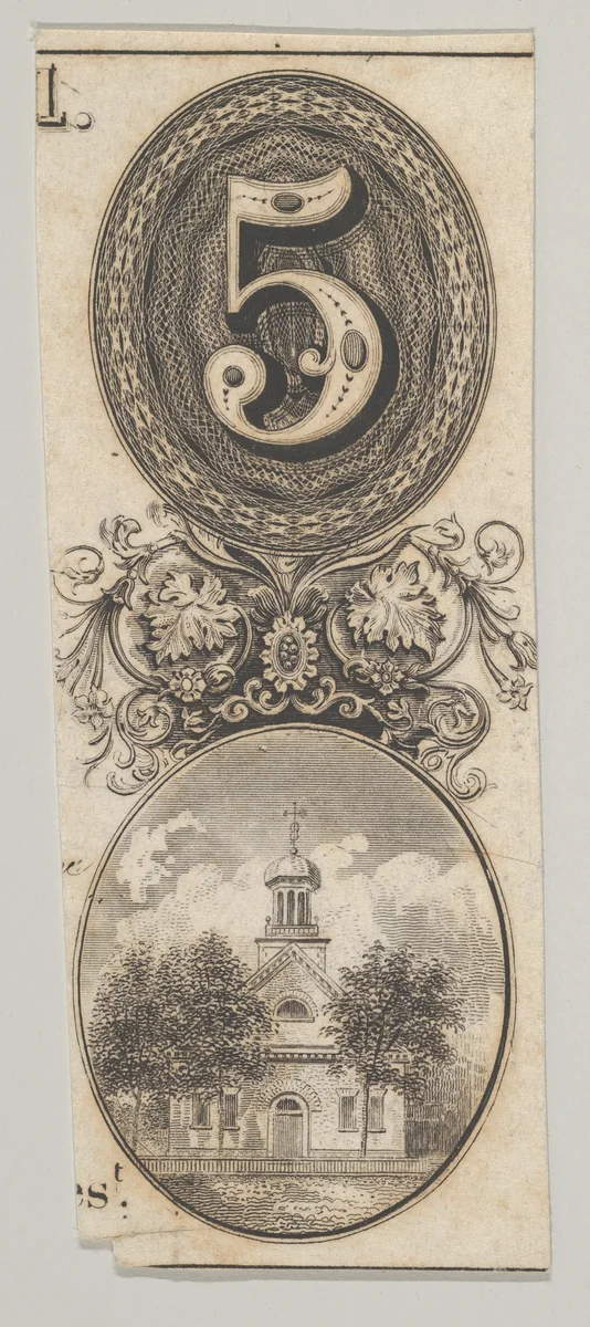 Banknote motifs: the number 5 and a building topped with a cupola by Asher Brown Durand, print, 1819-1837