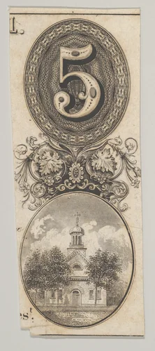 Banknote motifs: the number 5 and a building topped with a cupola by Asher Brown Durand, print, 1819-1837