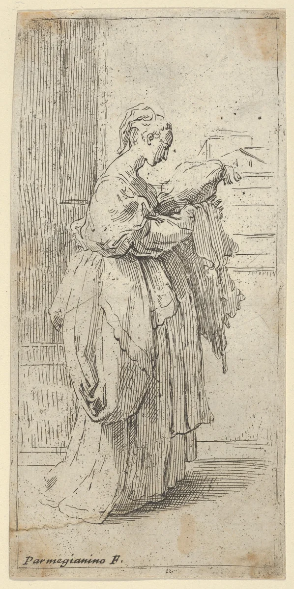 Girl carrying a cushion, seen in profile facing right by Guido Reni, print, 1590-1690