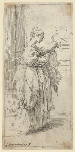 Girl carrying a cushion, seen in profile facing right by Guido Reni, print, 1590-1690
