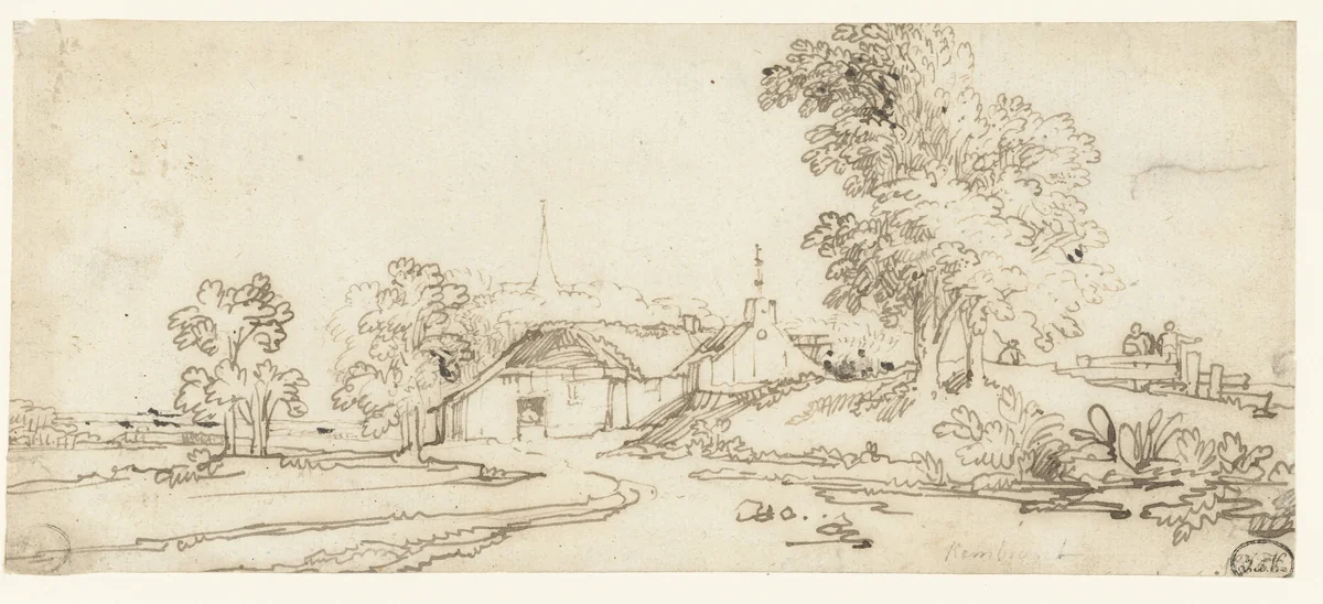 Boerenhuizen tussen enkele bomen by Anthonie van Borssom, drawing, 1640-1677