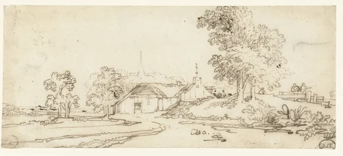 Boerenhuizen tussen enkele bomen by Anthonie van Borssom, drawing, 1640-1677