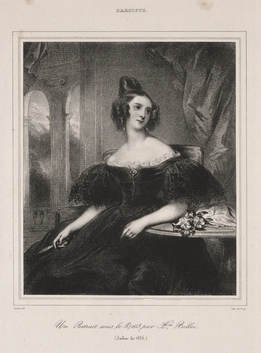 Young Woman with a Fan Seated at a Table by Achille Devéria, print, 1835