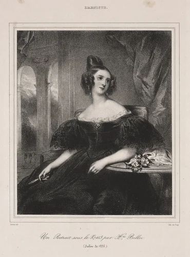 Young Woman with a Fan Seated at a Table by Achille Devéria, print, 1835