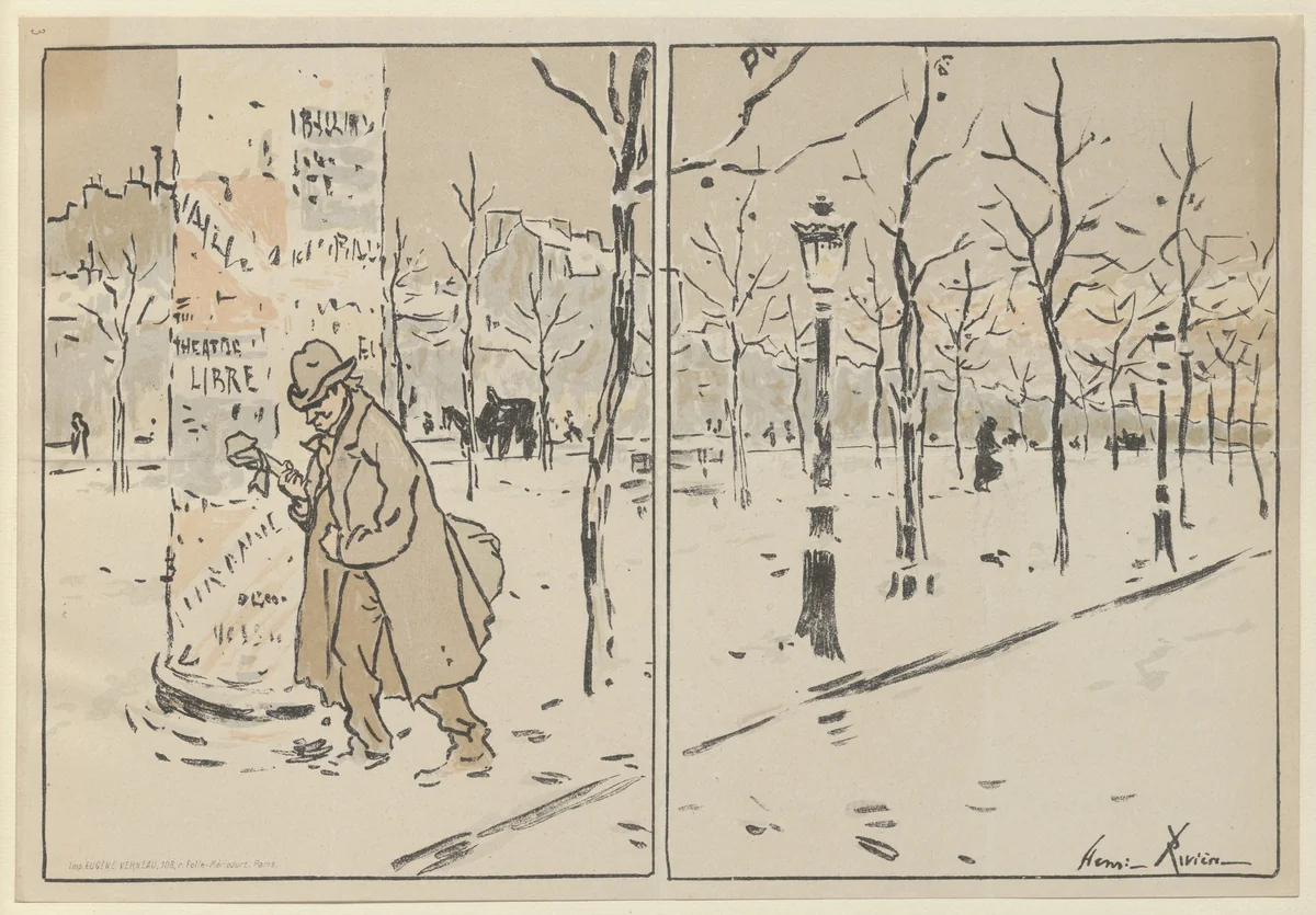 Paris in Winter (Paris en hiver) program for The Brothers Zemganno (Les Frères Zemganno) and Two Lovebirds (Deux tourtereaux) from The Beraldi Album of Theatre Programs by Henri Rivière, print, 1890