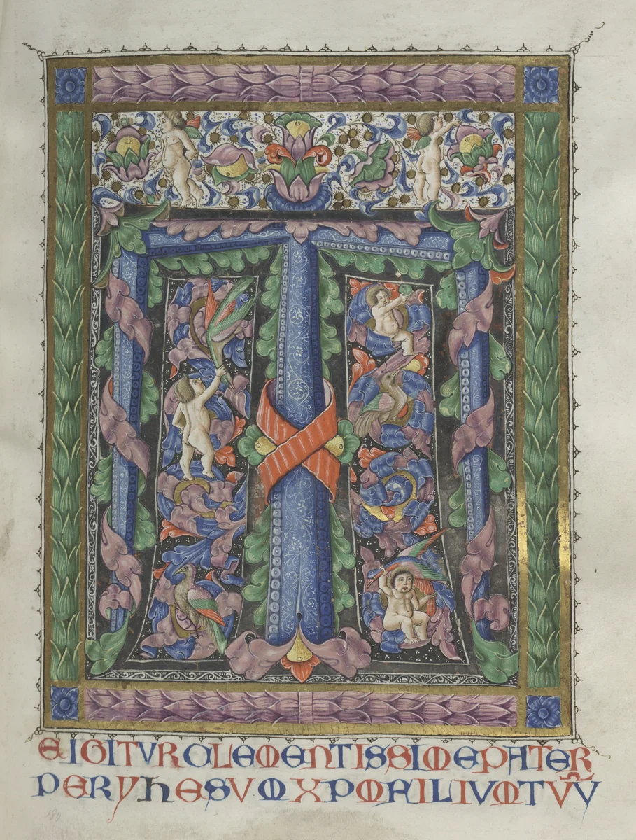 Missale: Fol. 186: Decorated Initial T[e igitur] (full page) by Bartolommeo Caporali, book, 1469