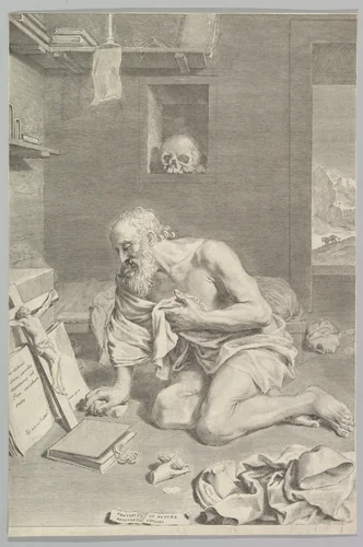 St. Jerome Praying in His Cell (Saint Jérôme pénitent) by Claude Mellan, print, 1665