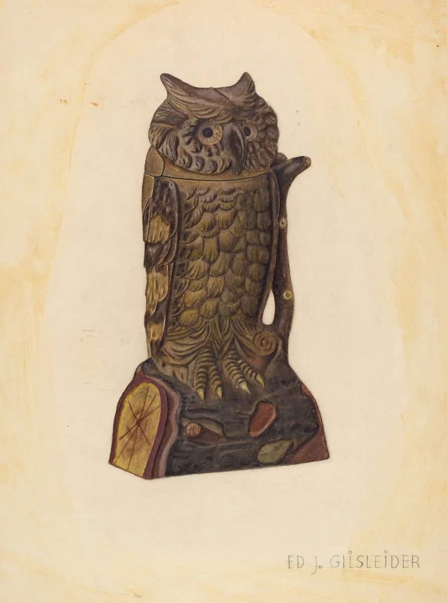 Mechanical Penny Bank: Owl by E.J. Gilsleider, index of american design, 1939