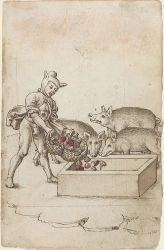 A Fool Feeding Flowers to Swine [fol. 42 recto] by French early 16th Century, drawing, 1512-1515