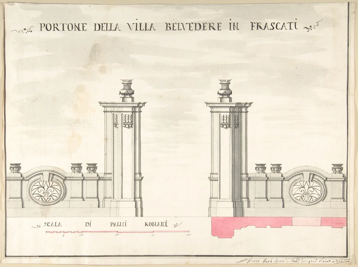 Gate of Villa Belvedere in Frascati by Pietro Paolo Coccetti, drawing, 1710-1727
