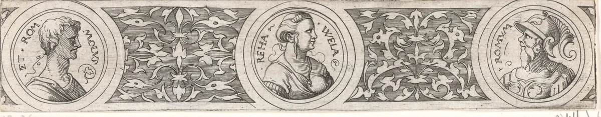 Fries met drie medaillons met busten by Virgilius Solis, print, 1524-1562