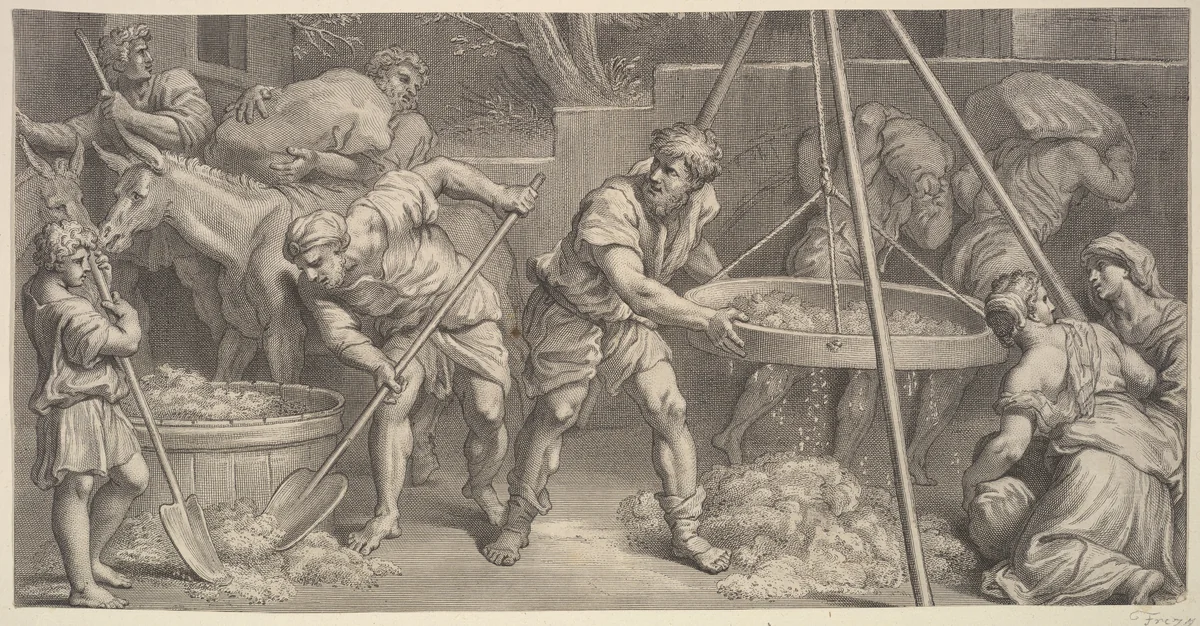 Men with seive by Giovanni Girolamo Frezza, print, 1675-1741