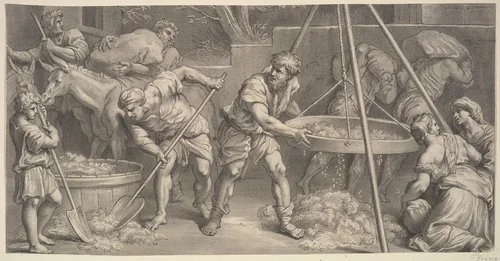 Men with seive by Giovanni Girolamo Frezza, print, 1675-1741