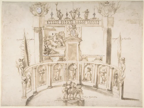 Design for a Garden Fête with a Semi-circular Wall and Statues in Niches. by Francesco Allegrini, drawing, 1615-1679