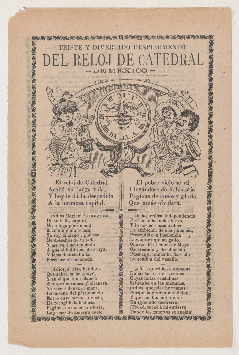 Broadsheet relating to the new clock installed in the cathedral in Mexico City in June 1905 by José Guadalupe Posada, print, 1905