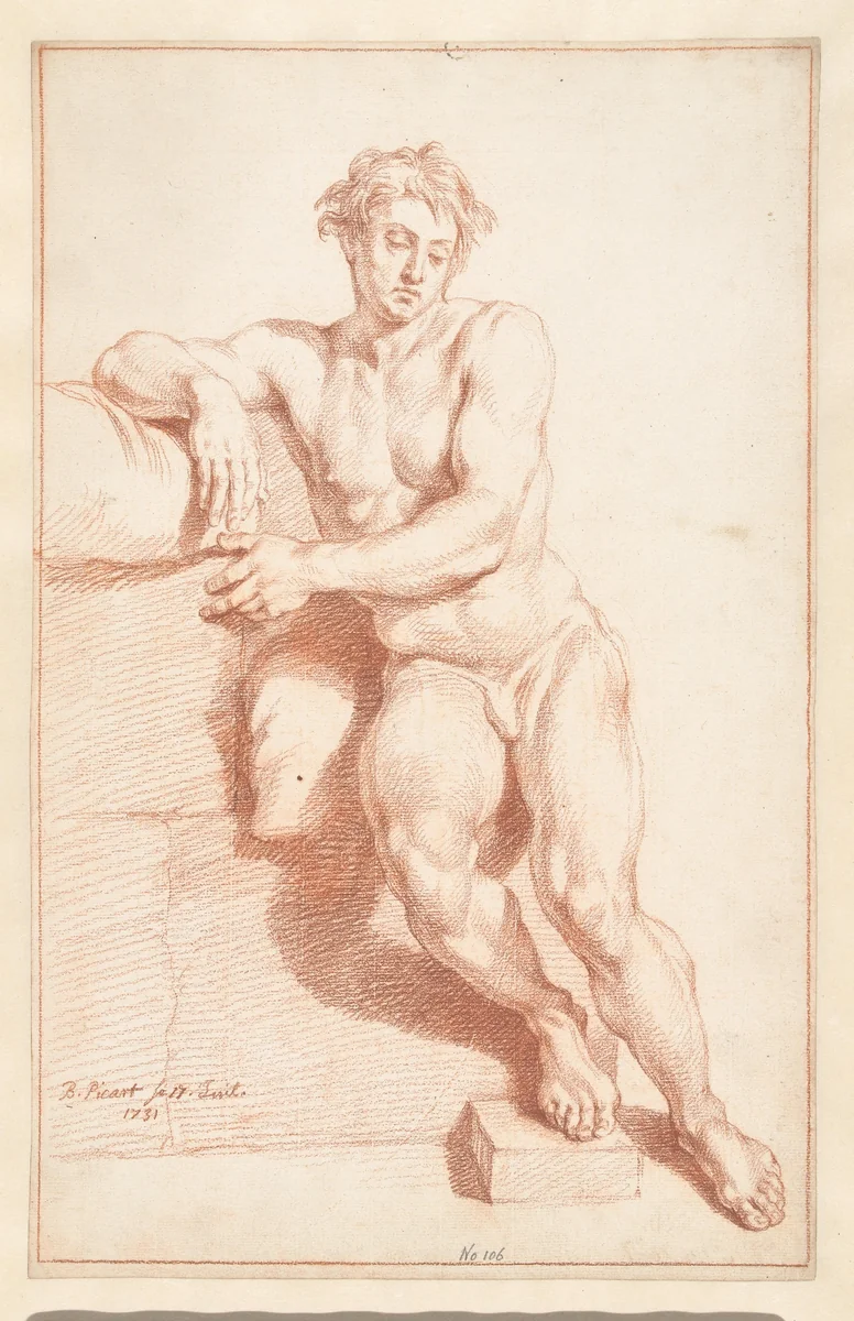 Studie van een naakte man, en face, rustend tegen een stuk rots by Bernard Picart, drawing, 1731