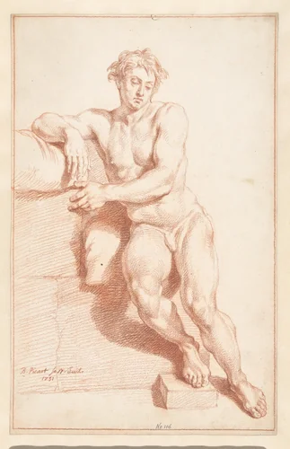 Studie van een naakte man, en face, rustend tegen een stuk rots by Bernard Picart, drawing, 1731