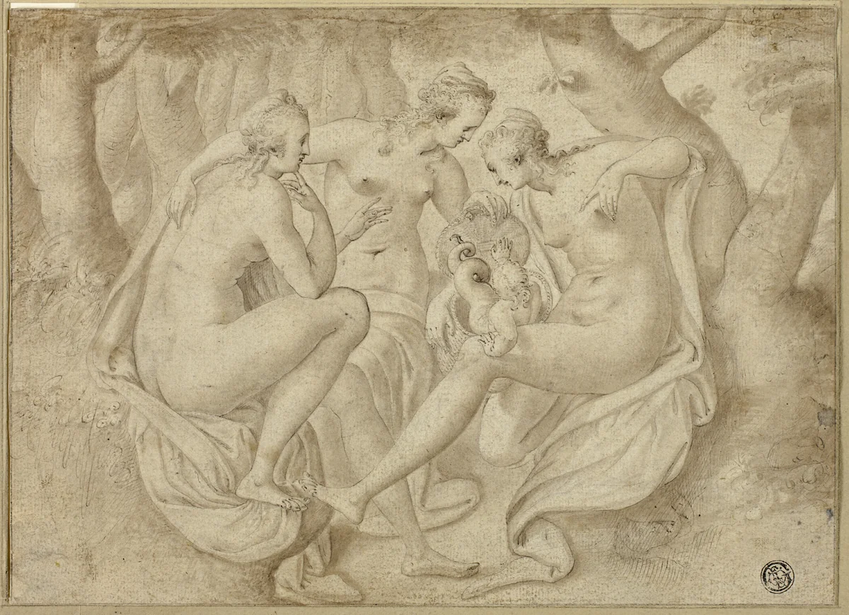 Cecrops' Daughters Uncover Erichthonius (recto); A Battle Scene (verso) by Anthonie van Montfoort Blocklandt, drawing, 1577-1578