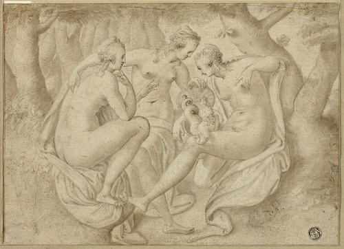 Cecrops' Daughters Uncover Erichthonius (recto); A Battle Scene (verso) by Anthonie van Montfoort Blocklandt, drawing, 1577-1578