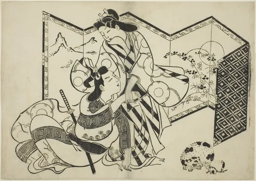 Lovers, a Cat, and a Mouse in front of a Folding Screen by Sugimura Jihei, print, 1679-1703