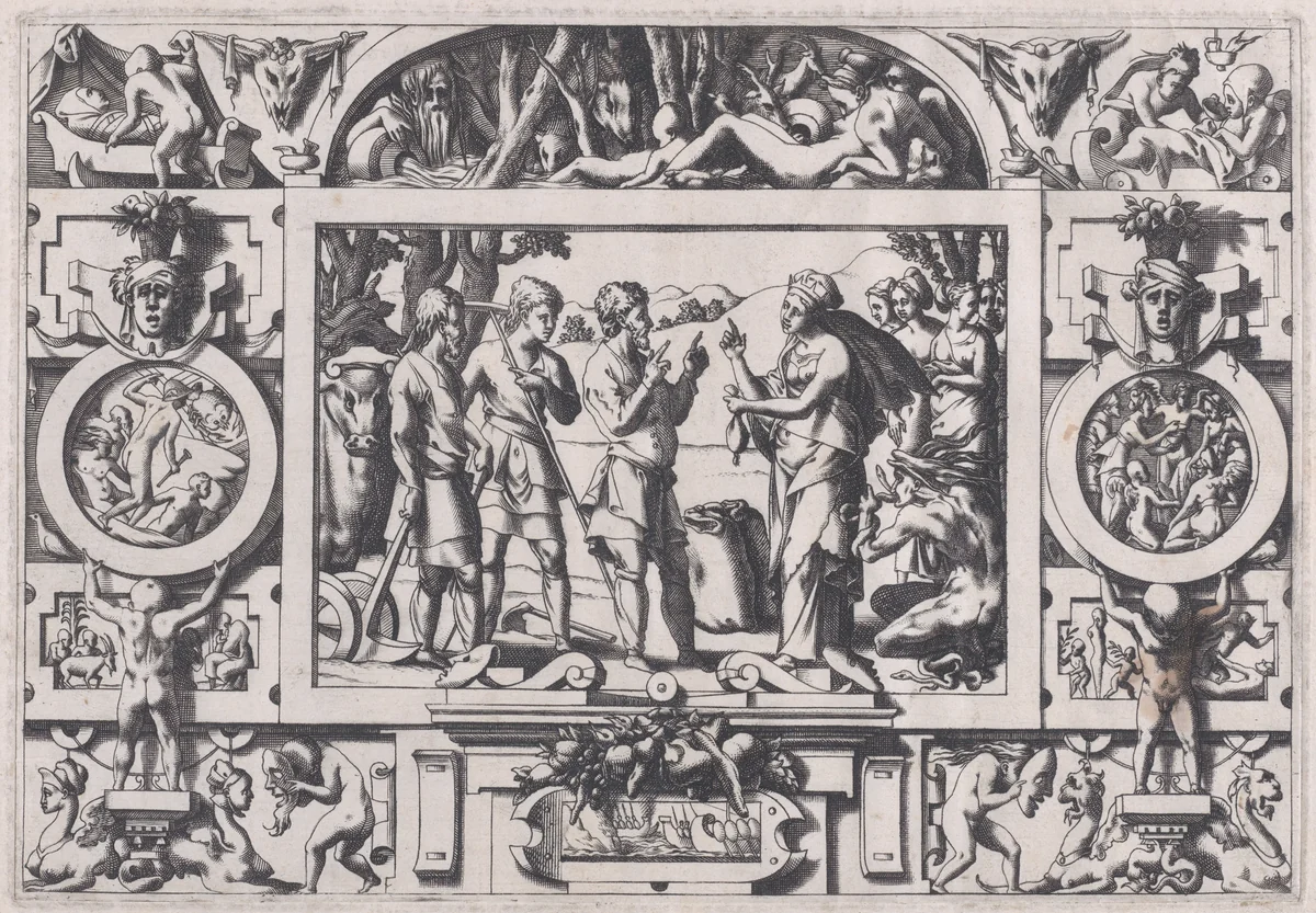 Queen Ino and the Husbandman (La reine Ino fait gâter la semence d'un an partout...), from "Jason and the Golden Fleece" by René Boyvin, print, 1563