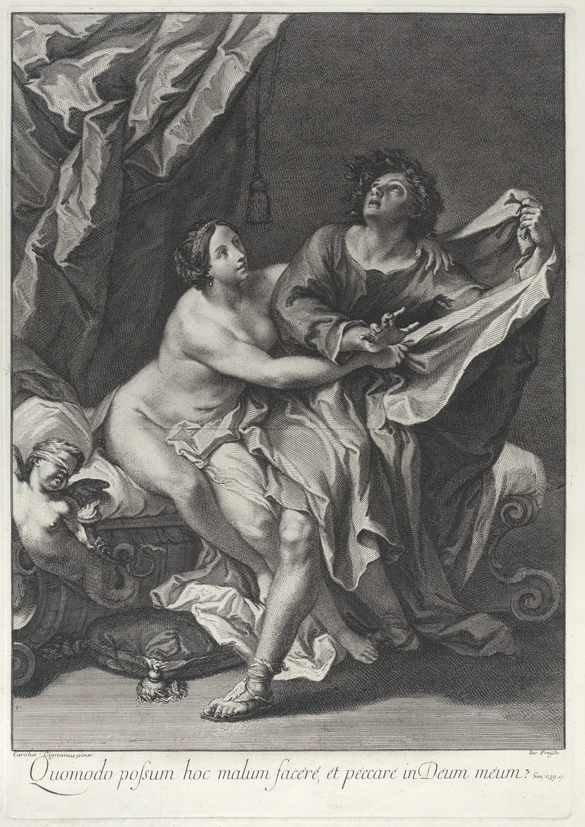 Joseph and Potiphar's wife by Johann Jakob Frey, print, 1700-1752
