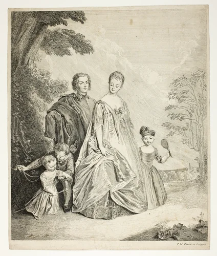 The Family Promenade, also called Philippe Mercier, His First Wife, and Family by Philippe Mercier, print, 1724-1725