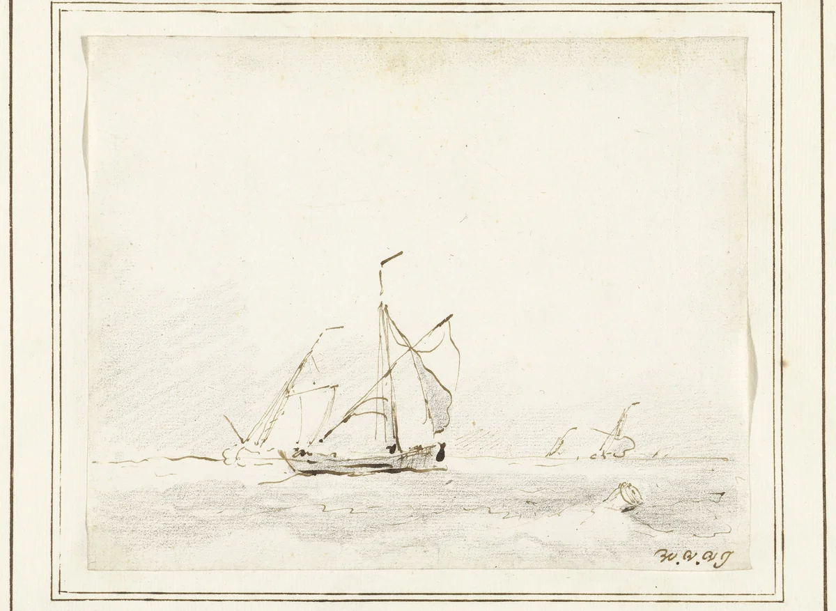 Enkele kleine vaartuigen op zee by Willem van de Velde, drawing, 1643-1707