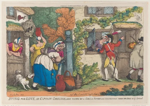 Dying for Love, or Captain Careless, Shot Flying by a Girl of Fifteen who Unexpectedly Popped Her Head out of a Casement by Thomas Rowlandson, print, 1810-1811