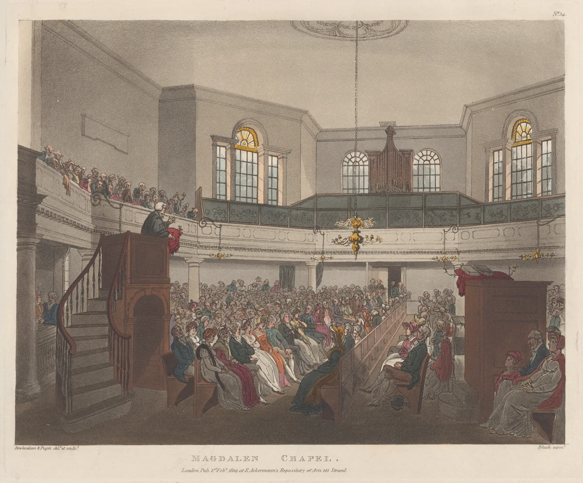 Magdalen Chapel by Thomas Rowlandson, print, 1809