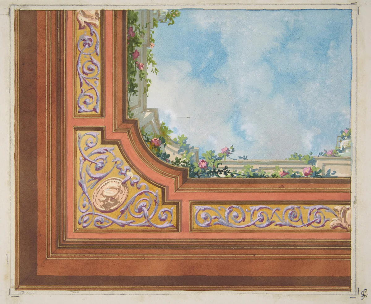Partial design for ceiling decoration with clouds and roses by Jules-Edmond-Charles Lachaise, drawing, 1830-1897