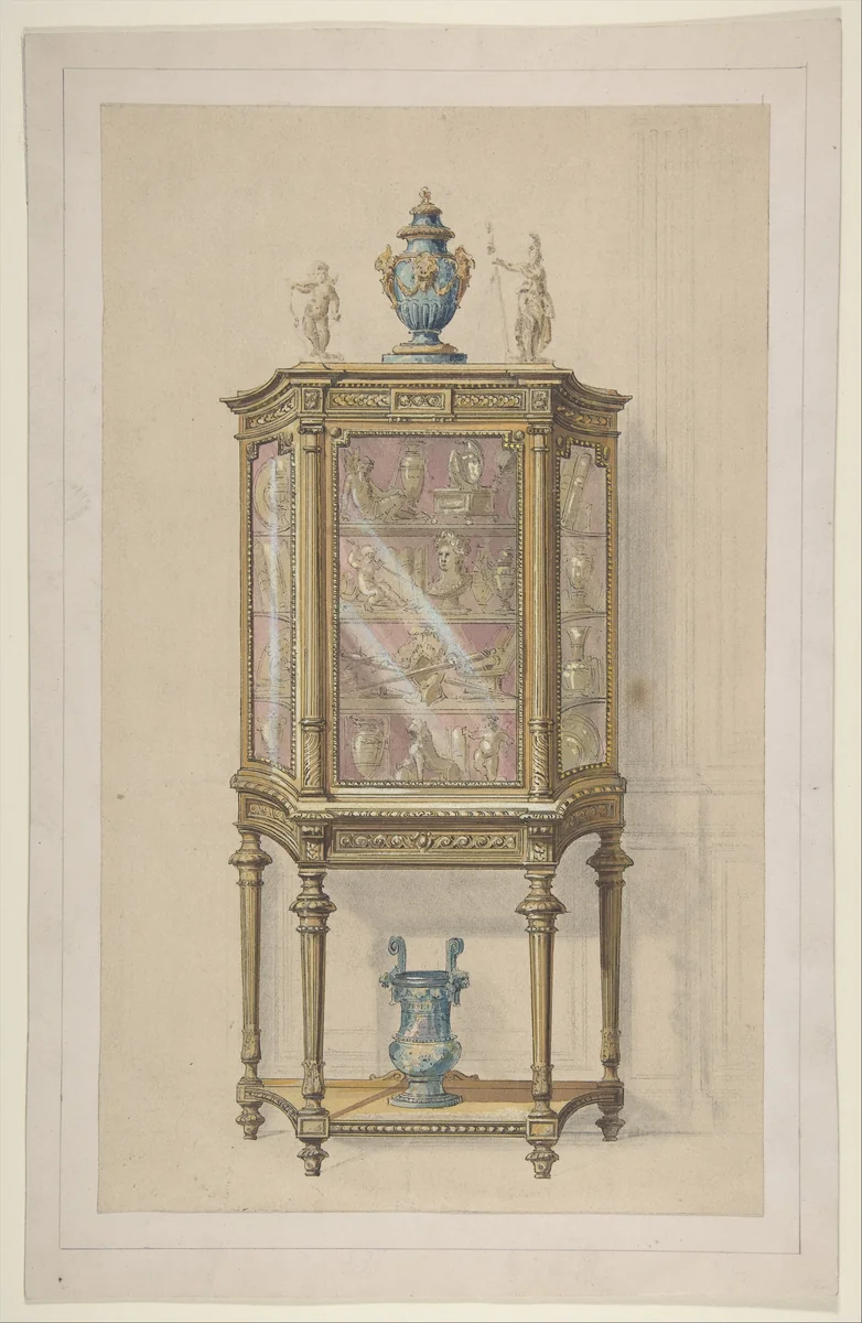 Design for a Cabinet with a Vitrine by A. Damon et Cie., drawing, 1865-1875