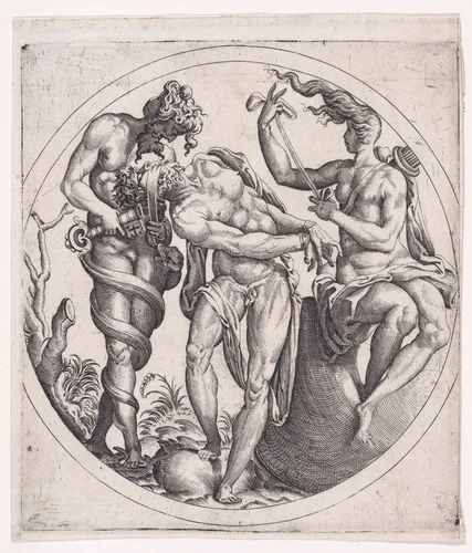 Three Figures Including a Hermaphrodite by René Boyvin, print, 1525-1600
