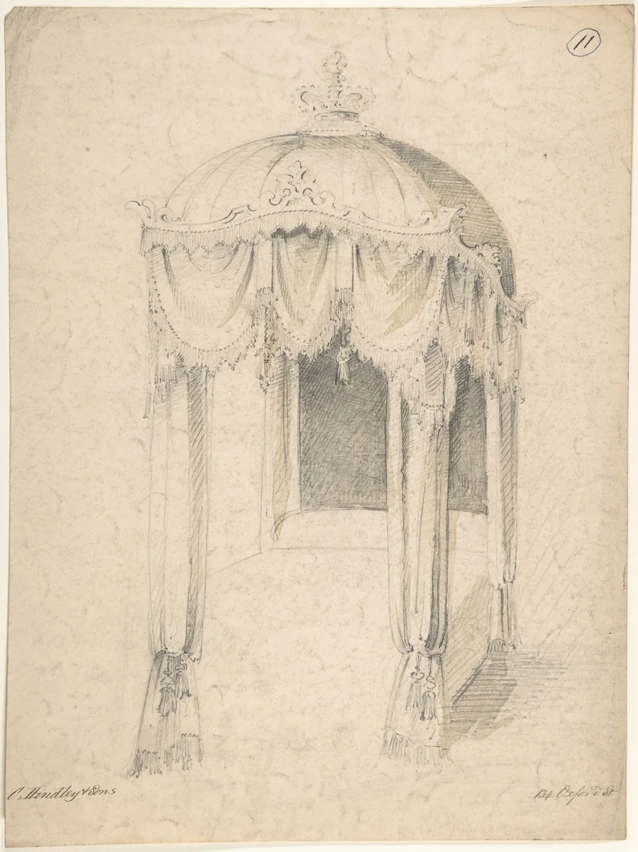 Design for a Bed with Canopy by Charles Hindley and Sons, drawing, 1841-1884