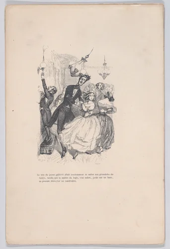 The head of the young fellow insolently mingled with the candlesticks of the chandelier, from "Little Miseries of Human Life" by J. J. Grandville, print, 1843