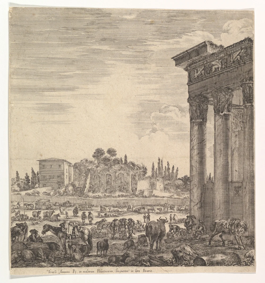 The columns of the Temple of Antoninus to right, a part of the Campo Vaccino in center and at left, along with various animals and figures, the Palatine ruins in the background, from "Six large views, four of Rome, and two of the Roman countryside" (Six grandes vues, dont quatre de Rome et deux de la Campagne romaine) by Stefano della Bella, print, 1656