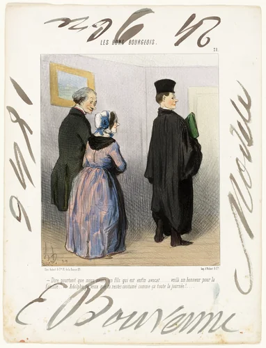 “- Isn't it marvellous to have a son who is a lawyer... what an honour for the family... Adolph, I want you to remain dressed like that all day long!...,” plate 21 from Les Bons Bourgeois by Édouard Bouvenne, print, 1846