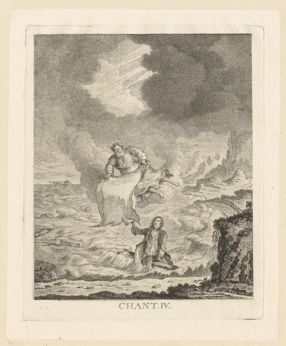 Schipbreukeling krijgt van heilige een doek aangereikt by Georg Friedrich Schmidt, print, 1774