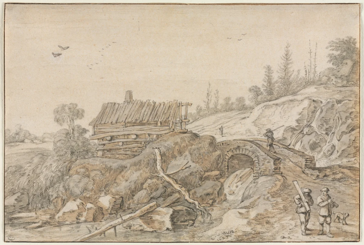 Hilly Landscape with Hut Beside a Stream by Esaias van de Velde, drawing, 1627