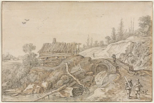 Hilly Landscape with Hut Beside a Stream by Esaias van de Velde, drawing, 1627