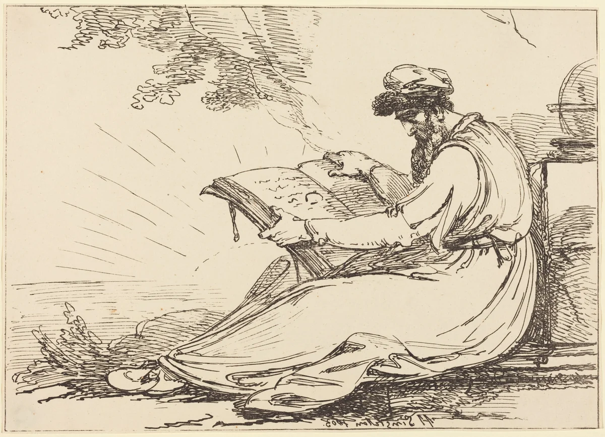 Oriental with Beard, Reading a Book by Henry Singleton, print, 1803