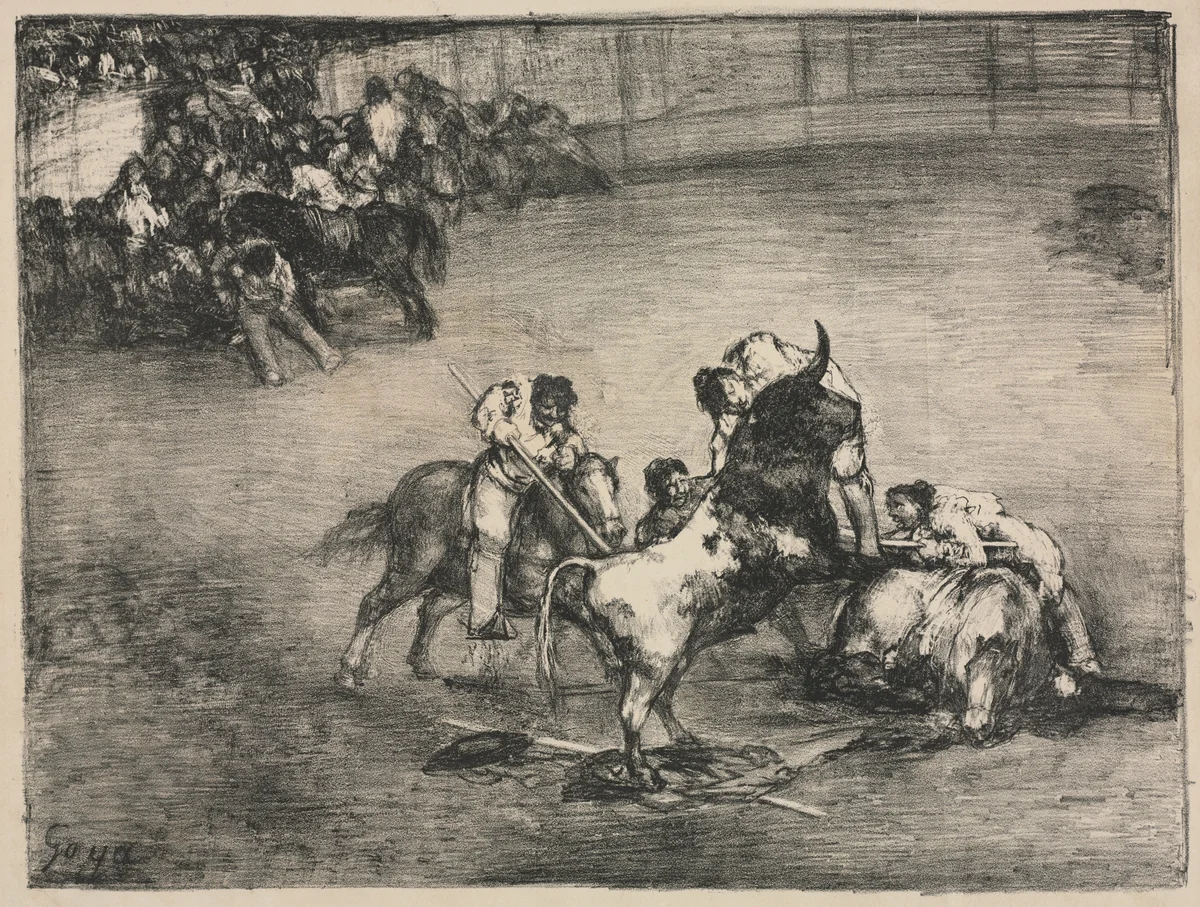 The Bulls of Bordeaux: Picador Caught by a Bull by Francisco de Goya, print, 1825