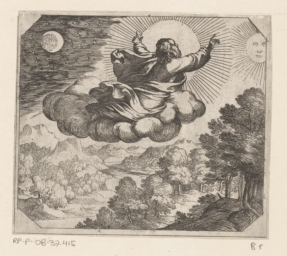 God schept de zon, de maan en de sterren by Antonio Tempesta, print, 1565-1630