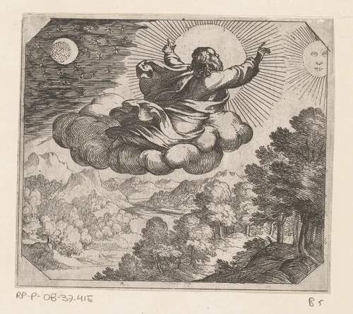 God schept de zon, de maan en de sterren by Antonio Tempesta, print, 1565-1630