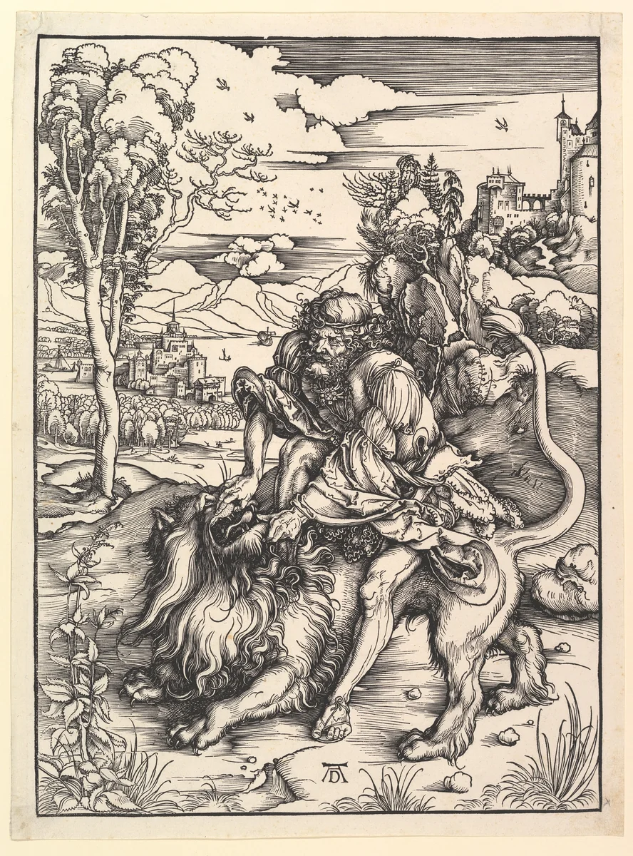 Samson Rending the Lion by Albrecht Dürer, print, 1492-1503
