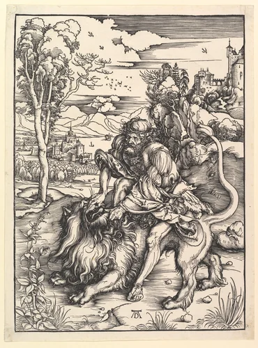 Samson Rending the Lion by Albrecht Dürer, print, 1492-1503