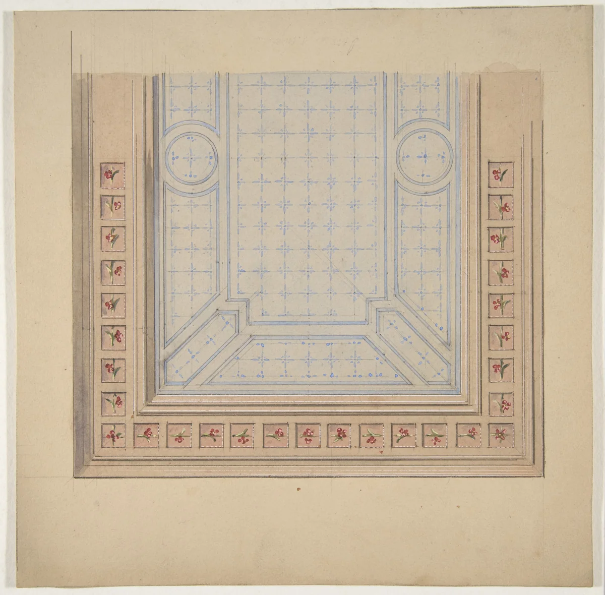 Partial design for ceiling with a border of flowers by Jules-Edmond-Charles Lachaise, drawing, 1830-1897